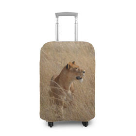 Чехол для чемодана 3D с принтом Львица в траве в Петрозаводске, 86% полиэфир, 14% спандекс | двустороннее нанесение принта, прорези для ручек и колес | амурский | животные | киса | кот | котенок | кошка | лев | львица | пума | рысь | серый | тигр | хищник