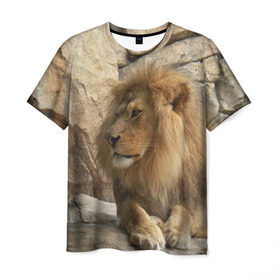 Мужская футболка 3D с принтом Лев в Петрозаводске, 100% полиэфир | прямой крой, круглый вырез горловины, длина до линии бедер | амурский | животные | киса | кот | котенок | кошка | лев | львица | пума | рысь | серый | тигр | хищник
