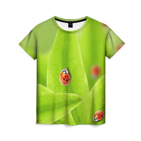 Женская футболка 3D с принтом Жучки на травке в Петрозаводске, 100% полиэфир ( синтетическое хлопкоподобное полотно) | прямой крой, круглый вырез горловины, длина до линии бедер | жук | зеленый | зелень | красный | насекомые | природа