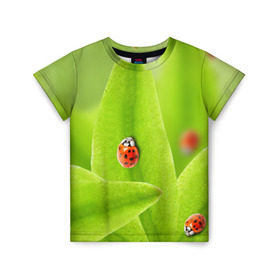 Детская футболка 3D с принтом Жучки на травке в Петрозаводске, 100% гипоаллергенный полиэфир | прямой крой, круглый вырез горловины, длина до линии бедер, чуть спущенное плечо, ткань немного тянется | жук | зеленый | зелень | красный | насекомые | природа