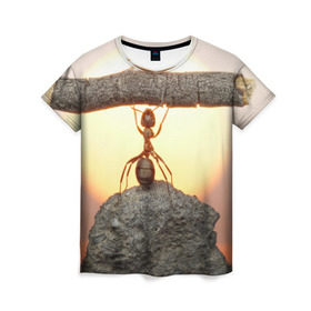 Женская футболка 3D с принтом Муравей в Петрозаводске, 100% полиэфир ( синтетическое хлопкоподобное полотно) | прямой крой, круглый вырез горловины, длина до линии бедер | ветка | жук | закат | камень | муравей | насекомые | природа