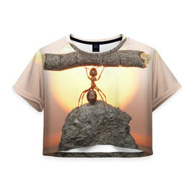 Женская футболка 3D укороченная с принтом Муравей в Петрозаводске, 100% полиэстер | круглая горловина, длина футболки до линии талии, рукава с отворотами | Тематика изображения на принте: ветка | жук | закат | камень | муравей | насекомые | природа