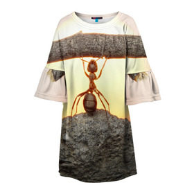 Детское платье 3D с принтом Муравей в Петрозаводске, 100% полиэстер | прямой силуэт, чуть расширенный к низу. Круглая горловина, на рукавах — воланы | Тематика изображения на принте: ветка | жук | закат | камень | муравей | насекомые | природа