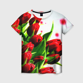 Женская футболка 3D с принтом Тюльпаны в Петрозаводске, 100% полиэфир ( синтетическое хлопкоподобное полотно) | прямой крой, круглый вырез горловины, длина до линии бедер | flower | букет | весна | красные | цветочки | цветы