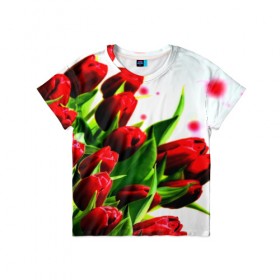 Детская футболка 3D с принтом Тюльпаны в Петрозаводске, 100% гипоаллергенный полиэфир | прямой крой, круглый вырез горловины, длина до линии бедер, чуть спущенное плечо, ткань немного тянется | flower | букет | весна | красные | цветочки | цветы