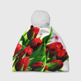 Шапка 3D c помпоном с принтом Тюльпаны в Петрозаводске, 100% полиэстер | универсальный размер, печать по всей поверхности изделия | Тематика изображения на принте: flower | букет | весна | красные | цветочки | цветы