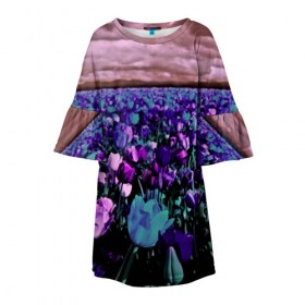 Детское платье 3D с принтом Поле тюльпанов в Петрозаводске, 100% полиэстер | прямой силуэт, чуть расширенный к низу. Круглая горловина, на рукавах — воланы | flower | весна | поле | полевой цветок | природа | цветочки | цветы