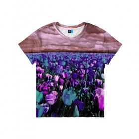Детская футболка 3D с принтом Поле тюльпанов в Петрозаводске, 100% гипоаллергенный полиэфир | прямой крой, круглый вырез горловины, длина до линии бедер, чуть спущенное плечо, ткань немного тянется | flower | весна | поле | полевой цветок | природа | цветочки | цветы