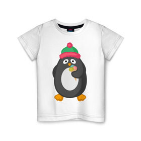 Детская футболка хлопок с принтом Пингвин с мороженым в Петрозаводске, 100% хлопок | круглый вырез горловины, полуприлегающий силуэт, длина до линии бедер | Тематика изображения на принте: животные | милые животные | мороженое | пингвин | прикольные животные