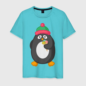 Мужская футболка хлопок с принтом Пингвин с мороженым в Петрозаводске, 100% хлопок | прямой крой, круглый вырез горловины, длина до линии бедер, слегка спущенное плечо. | Тематика изображения на принте: животные | милые животные | мороженое | пингвин | прикольные животные