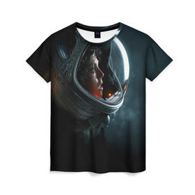 Женская футболка 3D с принтом Девушка космонавт в Петрозаводске, 100% полиэфир ( синтетическое хлопкоподобное полотно) | прямой крой, круглый вырез горловины, длина до линии бедер | alien | космос | рипли | скафандр | чужой