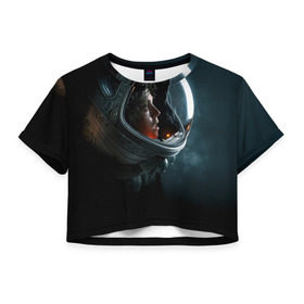 Женская футболка 3D укороченная с принтом Девушка космонавт в Петрозаводске, 100% полиэстер | круглая горловина, длина футболки до линии талии, рукава с отворотами | alien | космос | рипли | скафандр | чужой