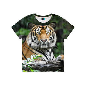Детская футболка 3D с принтом Тигр в джунглях в Петрозаводске, 100% гипоаллергенный полиэфир | прямой крой, круглый вырез горловины, длина до линии бедер, чуть спущенное плечо, ткань немного тянется | амурский | животные | зверь | киса | кот | котенок | кошка | тигр | хищник