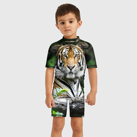 Детский купальный костюм 3D с принтом Тигр в джунглях в Петрозаводске, Полиэстер 85%, Спандекс 15% | застежка на молнии на спине | амурский | животные | зверь | киса | кот | котенок | кошка | тигр | хищник