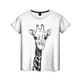 Женская футболка 3D с принтом Жираф в Петрозаводске, 100% полиэфир ( синтетическое хлопкоподобное полотно) | прямой крой, круглый вырез горловины, длина до линии бедер | арт | взгляд | глаза | животные | жираф | прикольные