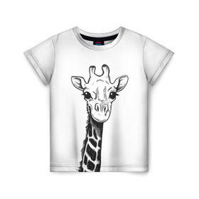 Детская футболка 3D с принтом Жираф в Петрозаводске, 100% гипоаллергенный полиэфир | прямой крой, круглый вырез горловины, длина до линии бедер, чуть спущенное плечо, ткань немного тянется | Тематика изображения на принте: арт | взгляд | глаза | животные | жираф | прикольные
