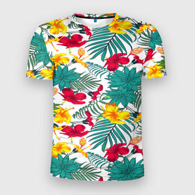 Мужская футболка 3D спортивная с принтом Тропический узор в Петрозаводске, 100% полиэстер с улучшенными характеристиками | приталенный силуэт, круглая горловина, широкие плечи, сужается к линии бедра | flower | тропики | тропический p | цветочки | цветы