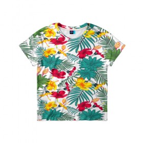 Детская футболка 3D с принтом Тропический узор в Петрозаводске, 100% гипоаллергенный полиэфир | прямой крой, круглый вырез горловины, длина до линии бедер, чуть спущенное плечо, ткань немного тянется | flower | тропики | тропический p | цветочки | цветы
