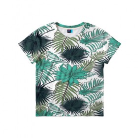 Детская футболка 3D с принтом Tropical в Петрозаводске, 100% гипоаллергенный полиэфир | прямой крой, круглый вырез горловины, длина до линии бедер, чуть спущенное плечо, ткань немного тянется | flower | тропики | тропический | цветы