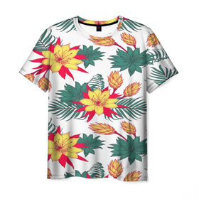 Мужская футболка 3D с принтом Tropical Pattern в Петрозаводске, 100% полиэфир | прямой крой, круглый вырез горловины, длина до линии бедер | flower | поле | тропики | тропический | цветочки | цветы