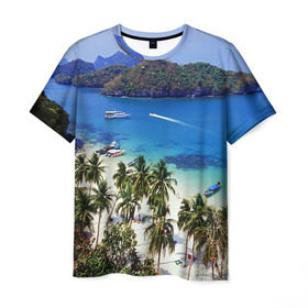 Мужская футболка 3D с принтом Таиланд в Петрозаводске, 100% полиэфир | прямой крой, круглый вырез горловины, длина до линии бедер | beach | clouds | islands | palm trees | people | sand | sea | ships | sky | thailand | tourism | корабли | люди | море | небо | облака | острова | пальмы | песок | пляж | таиланд | туризм