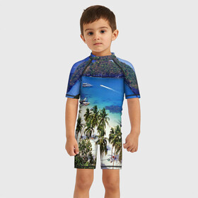 Детский купальный костюм 3D с принтом Таиланд в Петрозаводске, Полиэстер 85%, Спандекс 15% | застежка на молнии на спине | beach | clouds | islands | palm trees | people | sand | sea | ships | sky | thailand | tourism | корабли | люди | море | небо | облака | острова | пальмы | песок | пляж | таиланд | туризм