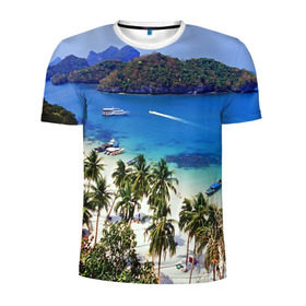 Мужская футболка 3D спортивная с принтом Таиланд в Петрозаводске, 100% полиэстер с улучшенными характеристиками | приталенный силуэт, круглая горловина, широкие плечи, сужается к линии бедра | Тематика изображения на принте: beach | clouds | islands | palm trees | people | sand | sea | ships | sky | thailand | tourism | корабли | люди | море | небо | облака | острова | пальмы | песок | пляж | таиланд | туризм