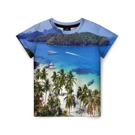 Детская футболка 3D с принтом Таиланд в Петрозаводске, 100% гипоаллергенный полиэфир | прямой крой, круглый вырез горловины, длина до линии бедер, чуть спущенное плечо, ткань немного тянется | beach | clouds | islands | palm trees | people | sand | sea | ships | sky | thailand | tourism | корабли | люди | море | небо | облака | острова | пальмы | песок | пляж | таиланд | туризм