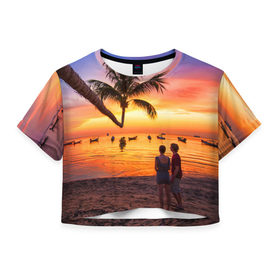 Женская футболка 3D укороченная с принтом Таиланд в Петрозаводске, 100% полиэстер | круглая горловина, длина футболки до линии талии, рукава с отворотами | beach | clouds | love | palm tree | people | sea | sky | sunset | thailand | tourism | закат | любовь | люди | море | небо | облака | пальма | пляж | таиланд | туризм