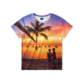 Детская футболка 3D с принтом Таиланд в Петрозаводске, 100% гипоаллергенный полиэфир | прямой крой, круглый вырез горловины, длина до линии бедер, чуть спущенное плечо, ткань немного тянется | beach | clouds | love | palm tree | people | sea | sky | sunset | thailand | tourism | закат | любовь | люди | море | небо | облака | пальма | пляж | таиланд | туризм