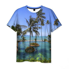 Мужская футболка 3D с принтом Таиланд в Петрозаводске, 100% полиэфир | прямой крой, круглый вырез горловины, длина до линии бедер | clouds | hiking | sea | sky | swimming pool | thailand | trees | бассейн | море | небо | облака | пальмы | таиланд | туризм