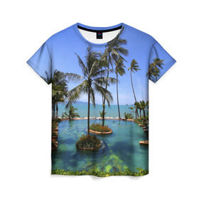 Женская футболка 3D с принтом Таиланд в Петрозаводске, 100% полиэфир ( синтетическое хлопкоподобное полотно) | прямой крой, круглый вырез горловины, длина до линии бедер | clouds | hiking | sea | sky | swimming pool | thailand | trees | бассейн | море | небо | облака | пальмы | таиланд | туризм