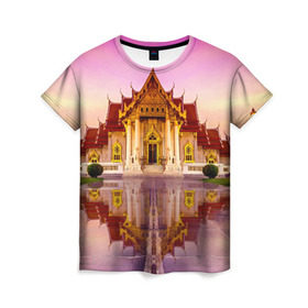 Женская футболка 3D с принтом Таиланд в Петрозаводске, 100% полиэфир ( синтетическое хлопкоподобное полотно) | прямой крой, круглый вырез горловины, длина до линии бедер | landmark | reflection | temple | thailand | tourism | water | вода | достопримечательность | отражение | таиланд | туризм | храм