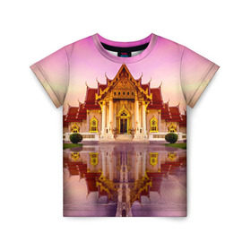 Детская футболка 3D с принтом Таиланд в Петрозаводске, 100% гипоаллергенный полиэфир | прямой крой, круглый вырез горловины, длина до линии бедер, чуть спущенное плечо, ткань немного тянется | landmark | reflection | temple | thailand | tourism | water | вода | достопримечательность | отражение | таиланд | туризм | храм