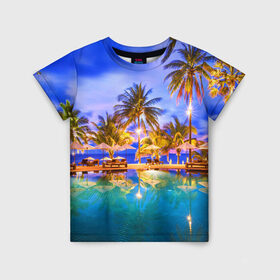 Детская футболка 3D с принтом Таиланд в Петрозаводске, 100% гипоаллергенный полиэфир | прямой крой, круглый вырез горловины, длина до линии бедер, чуть спущенное плечо, ткань немного тянется | clouds | pool | reflection | sea | sky | sunset | thailand | tourism | trees | water | бассейн | вода | закат | море | небо | облака | отражение | пальмы | таиланд | туризм