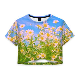 Женская футболка 3D укороченная с принтом Ромашка в Петрозаводске, 100% полиэстер | круглая горловина, длина футболки до линии талии, рукава с отворотами | flower | лето | полевой цветок | цветочки | цветы