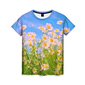 Женская футболка 3D с принтом Ромашка в Петрозаводске, 100% полиэфир ( синтетическое хлопкоподобное полотно) | прямой крой, круглый вырез горловины, длина до линии бедер | flower | лето | полевой цветок | цветочки | цветы