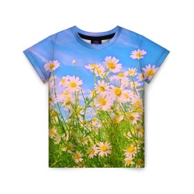 Детская футболка 3D с принтом Ромашка в Петрозаводске, 100% гипоаллергенный полиэфир | прямой крой, круглый вырез горловины, длина до линии бедер, чуть спущенное плечо, ткань немного тянется | flower | лето | полевой цветок | цветочки | цветы