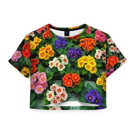 Женская футболка 3D укороченная с принтом Фиалки в Петрозаводске, 100% полиэстер | круглая горловина, длина футболки до линии талии, рукава с отворотами | flower | лето | поле | полевой цветок | цветочки | цветы