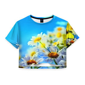Женская футболка 3D укороченная с принтом Ромашка полевая в Петрозаводске, 100% полиэстер | круглая горловина, длина футболки до линии талии, рукава с отворотами | flower | лето | поле | полевой цветок | цветочки | цветы