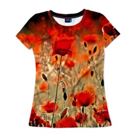 Женская футболка 3D с принтом Маковое поле в Петрозаводске, 100% полиэфир ( синтетическое хлопкоподобное полотно) | прямой крой, круглый вырез горловины, длина до линии бедер | flower | красные | лето | поле | полевой цветок | цветочки | цветы