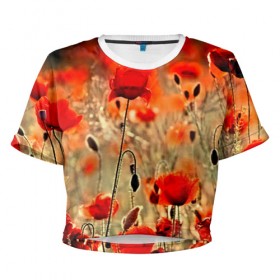 Женская футболка 3D укороченная с принтом Маковое поле в Петрозаводске, 100% полиэстер | круглая горловина, длина футболки до линии талии, рукава с отворотами | flower | красные | лето | поле | полевой цветок | цветочки | цветы