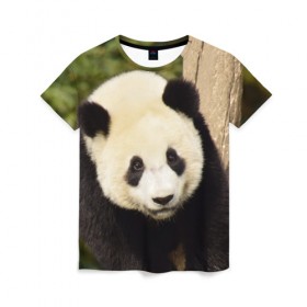 Женская футболка 3D с принтом Панда на дереве в Петрозаводске, 100% полиэфир ( синтетическое хлопкоподобное полотно) | прямой крой, круглый вырез горловины, длина до линии бедер | животные | лес | медведь | медвежонок | панда | природа