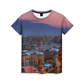 Женская футболка 3D с принтом Армения в Петрозаводске, 100% полиэфир ( синтетическое хлопкоподобное полотно) | прямой крой, круглый вырез горловины, длина до линии бедер | айастан | армения | город | горы | дома | ереван | закат | пейзаж | ромашки | столица | страна | флора | хайастан | цветы | эривань
