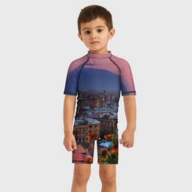 Детский купальный костюм 3D с принтом Армения в Петрозаводске, Полиэстер 85%, Спандекс 15% | застежка на молнии на спине | айастан | армения | город | горы | дома | ереван | закат | пейзаж | ромашки | столица | страна | флора | хайастан | цветы | эривань