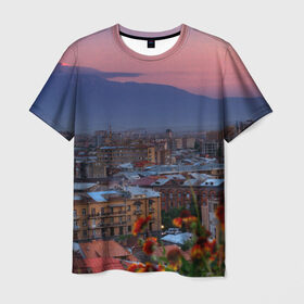 Мужская футболка 3D с принтом Армения в Петрозаводске, 100% полиэфир | прямой крой, круглый вырез горловины, длина до линии бедер | айастан | армения | город | горы | дома | ереван | закат | пейзаж | ромашки | столица | страна | флора | хайастан | цветы | эривань
