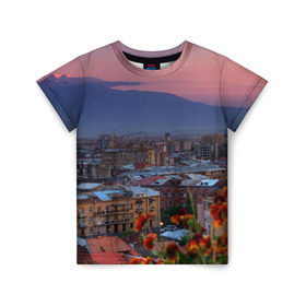 Детская футболка 3D с принтом Армения в Петрозаводске, 100% гипоаллергенный полиэфир | прямой крой, круглый вырез горловины, длина до линии бедер, чуть спущенное плечо, ткань немного тянется | айастан | армения | город | горы | дома | ереван | закат | пейзаж | ромашки | столица | страна | флора | хайастан | цветы | эривань