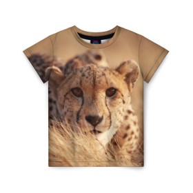 Детская футболка 3D с принтом Гепард в Петрозаводске, 100% гипоаллергенный полиэфир | прямой крой, круглый вырез горловины, длина до линии бедер, чуть спущенное плечо, ткань немного тянется | амурский | гепард | животные | зверь | киса | кот | котенок | кошка | лев | леопард | пума | рысь | серый | тигр | тигренок | хищник