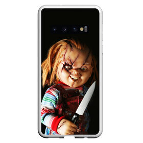 Чехол для Samsung Galaxy S10 с принтом Чаки в Петрозаводске, Силикон | Область печати: задняя сторона чехла, без боковых панелей | Тематика изображения на принте: chucky | кино | кровь | кукла | нож | ужасы | чаки