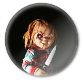 Значок с принтом Чаки в Петрозаводске,  металл | круглая форма, металлическая застежка в виде булавки | Тематика изображения на принте: chucky | кино | кровь | кукла | нож | ужасы | чаки
